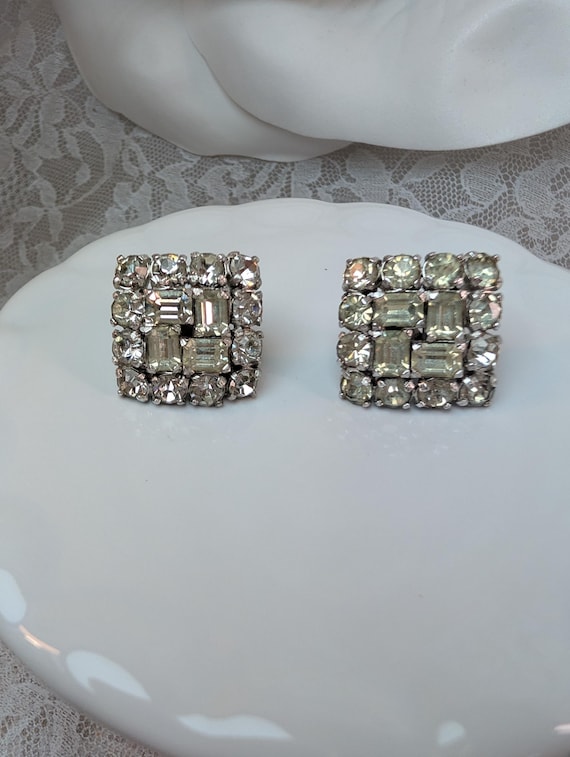 Signed Eisenberg Script E Vintage Square Rhinesto… - image 1