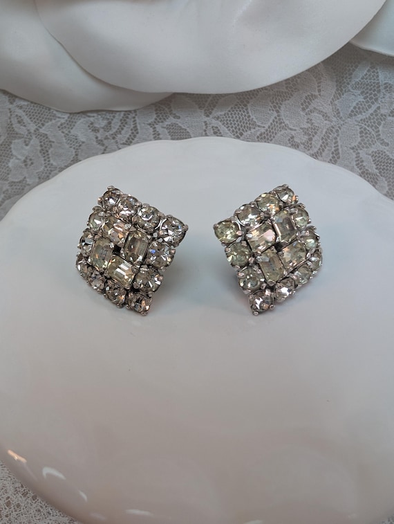 Signed Eisenberg Script E Vintage Square Rhinesto… - image 2