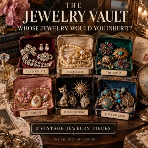 Puede incluir: Seis joyeros de terciopelo etiquetados como The Socialite, The Heiress, The Artist, The Romantic, The Eccentric y The Traveler, cada uno con piezas de joyería vintage. El texto dice The Jewelry Vault, Whose Jewelry Would You Inherit?, y 3 Vintage Jewelry Pieces.