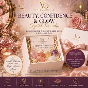 May include: A white gift box containing five polished crystals nestled in shredded paper, with a card reading YOUR CRYSTAL FORMULA created just for you. The box is branded with the Vanity Oracle logo and includes a satin ribbon bow.