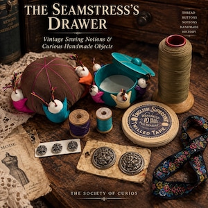 May include: A collection of sewing supplies including a brown fabric pincushion, a teal metal tin, a spool of olive thread, two small wooden spools with purple and blue thread, a round box of English Superfine Twilled Tape, and metal buttons.