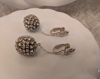 Vintage Rhinestone Ball Drop Earrings Chain Dangle Silver Tone Clip On Statement Bridal Glam