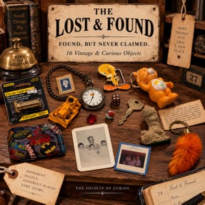 May include: A collection of vintage objects including a pocket watch with a chain, a Tweety Bird pin, an orange bear figurine, a brass key, a Batman wallet, a black and white photograph of three children, a slide, a stamp, and a door viewer.