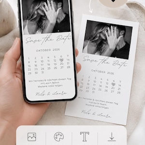 Könnte beinhalten: Schwarz-Weiß-Mockup einer "Save the Date"-Karte und eines Telefonbildschirms. Karte und Telefon zeigen ein Foto eines Paares, einen Kalender für Oktober 2026 und Text. Symbole für Foto, Farbe, Text und Download.