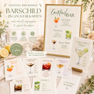 Könnte beinhalten: Ein Cocktail-Bar-Bundle mit einem gerahmten Menü und einzelnen Cocktail-Rezeptkarten. Das Menü zeigt Aperol Spritz, Basil Smash und Espresso Martini. Die Karten enthalten Rezepte für Margarita, Mojito und mehr. Der Text auf den Karten lautet "Cocktail Bar Bundle".