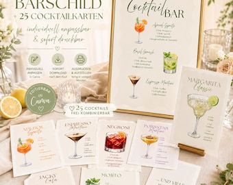 25 Cocktail Rezepte & Bar Schild zum Anpassen und Ausdrucken - Aperol, Espresso Martini, uvm. | Text und Farben individuell anpassbar
