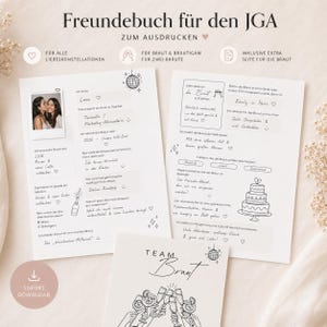 Könnte beinhalten: Ein druckbares Hochzeitsgästebuch mit dem Text "Freundebuch für den JGA" und Illustrationen. Das Buch enthält Seiten für die Braut, ein Foto und Platz für Notizen. Das Design zeigt eine Discokugel, Sektgläser und Herzen.
