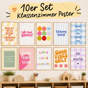 Könnte beinhalten: Ein 10er-Set Klassenzimmer-Poster mit verschiedenen Designs, darunter Smileys, Herzen und motivierende Texte wie 'Man ist nie zu klein, um großartig zu sein', 'Wir sind Klasse', 'Träume groß', 'Lerne Lache Leuchte', 'Good Vibes Only' und 'Sei mutig'.