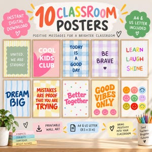 Könnte beinhalten: Ein Set aus 10 digitalen Klassenzimmer-Postern mit farbenfrohen Designs und positiven Botschaften wie 'Dream Big', 'Be Brave' und 'Good Vibes Only'. Enthält A4- und 8,5 x 11-Zoll-Formate für druckbare Wandkunst-Dekorationen.
