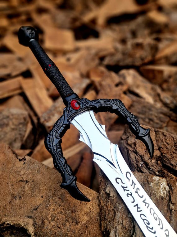Artisan Handcrafted Decorative Long Blade, Custom Engraved Rune Sword, Ornate Black & Red Hilt, High Polish Steel Art, Unique Gift for Men
