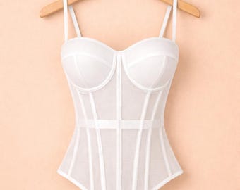 Handmade Sheer Mesh Corset Top, Boned Bustier Crop Top