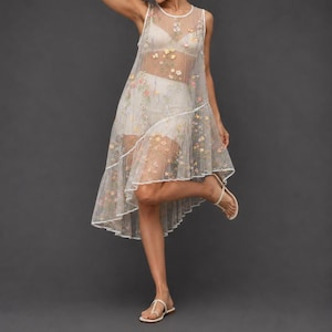 see through sheer midi dress Women's Hyein A-line See-Through Mesh Sheer Midi Dress XS/S/M/L/XL Beige  MEAN BLVD