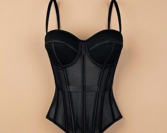 Top corsé de malla transparente hecho a mano, top corto tipo bustier con varillas