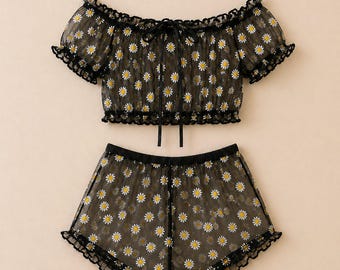 Handmade Sheer Mesh Daisy Co-Ord Set for Women, Off Shoulder sheer Crop Top & Shorts