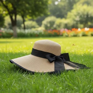 Könnte beinhalten: Ein breitkrempiger Sonnenhut mit naturfarbenem Strohhut und schwarzem Band. Der Hut liegt auf einer grünen Wiese, mit einem verschwommenen Hintergrund aus Bäumen und Blumen.
