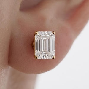 Emerald Cut Lab Diamond Stud Earrings, Solid 9K/14K Gold, Classic Everyday