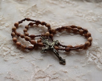 Rosary, GETHSEMANE, handmade, olive wood beads, brown hemp cord, bronze flared crucifix