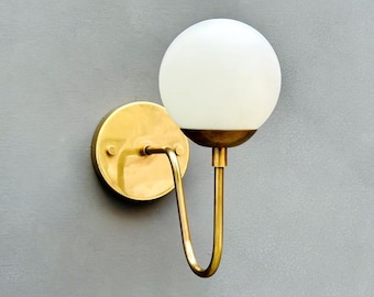 Solid Brass Wall Sconce: Mid-Century Milk Glass Globe Light Fixture