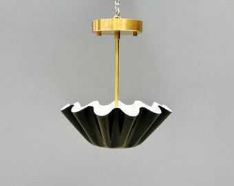 Handcrafted Brass Scalloped Pendant Light: Mid-Century Modern Semi-Flush Mount Chandelier
