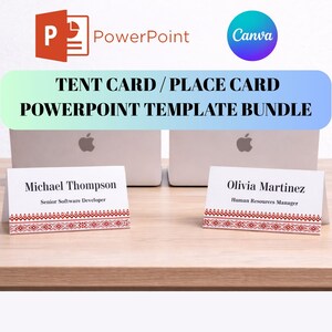 May include: A bundle of PowerPoint templates for tent cards and place cards. The image shows two laptops, the PowerPoint and Canva logos, and two tent cards with names and titles. The cards have a red and white patterned border.