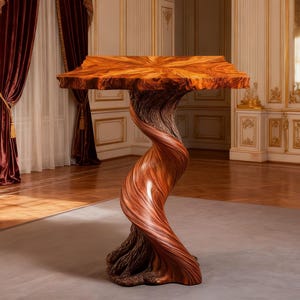 May include: A unique wooden table with a natural, swirling tree trunk base and a square top. The table's top is a warm brown with a starburst pattern, and the base is a rich, reddish-brown. The table is approximately 30 inches tall.