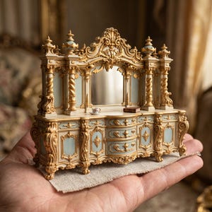May include: A miniature ornate sideboard with a mirror, featuring light blue panels and gold-colored decorative carvings. The piece includes two small drawers, two side cabinets, and a central mirror. A tiny teacup and a book sit on the surface.