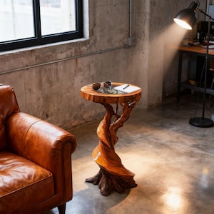 Puede incluir: Una mesa auxiliar única y artesanal con una tapa redonda de madera. La mesa presenta una base de tronco de árbol retorcido natural. Gafas de sol y un bloc de notas descansan sobre la superficie. La mesa mide unos 61 cm de alto.