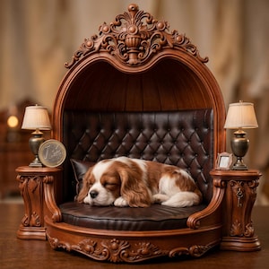 Peut inclure: Un lit pour animal en bois brun avec un coussin en cuir brun foncé capitonné, doté d'un baldaquin arqué, de deux tables latérales avec de petites lampes et d'un Cavalier King Charles Spaniel endormi. Une pièce d'un euro sert d'échelle.