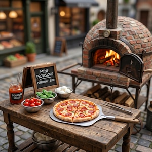Könnte beinhalten: Ein rustikaler Holztisch präsentiert eine frisch gebackene Peperoni-Pizza auf einem Metallschieber, zusammen mit Zutaten wie Tomaten, Basilikum und Mozzarella. Ein kleines Tafelschild zeigt "Mini Provisions Pepperoni - 1,40$". Im Hintergrund befindet sich ein Ziegelofen mit brennendem Feuer.