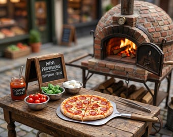 May include: A rustic wooden table displays a freshly baked pepperoni pizza on a metal peel, alongside ingredients like tomatoes, basil, and mozzarella. A small chalkboard sign reads "Mini Provisions Pepperoni - $1.40". A brick oven with a burning fire is in the background.