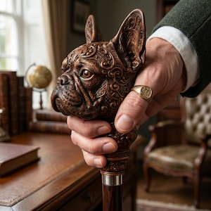 May include: A brown walking cane with a detailed carved dog head handle. The cane features a dark wooden shaft with a silver band. The dog head is intricately carved with detailed patterns and textures, showcasing a classic design.