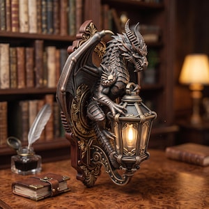 Op de afbeelding: Een wandsculptuur van een draak met een bronskleurige afwerking en gedetailleerde schubben. De draak houdt een hangende lantaarn vast met een brandende gloeilamp. Het object is bevestigd op een decoratieve ronde basis met krulwerk.