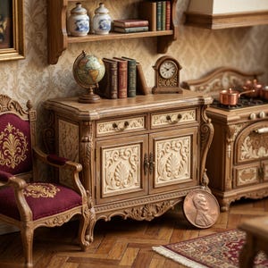 May include: A miniature antique wooden cabinet with ornate carvings and two drawers. A small globe, books, and a clock sit on top. A penny is placed in front of the cabinet. A red chair with gold accents is on the left.