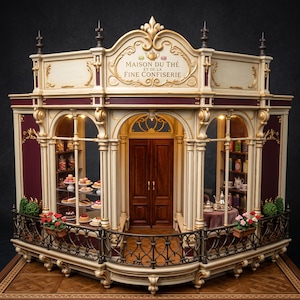 May include: A miniature tea and confectionery shop model featuring cream-coloured walls with gold accents, dark wood double doors, and a black metal balcony. The storefront displays shelves of tiny pastries, tea tins, and a tea set with the text MAISON DU THÉ ET DE LA FINE CONFISERIE.
