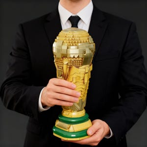 Op de afbeelding: Een gouden trofee met een groene basis, vastgehouden door een persoon in een zwart pak. De trofee heeft een gedetailleerd ontwerp met een globe-achtige top en een cilindrisch lichaam. De basis is groen met een gouden rand.