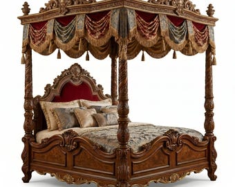 Könnte beinhalten: Ein luxuriöses Himmelbett mit aufwendigen Schnitzereien und einer reichen, dunklen Holzoberfläche. Das Bett verfügt über ein rotes Samt-Kopfteil, ein Baldachin mit drapiertem Stoff und dekorativen Quasten. Die Bettwäsche umfasst gemusterte Kissen und eine Tagesdecke.