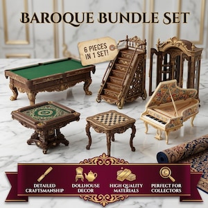 May include: A six-piece miniature furniture bundle set featuring a green pool table, a wooden staircase, a cabinet, a game table, a small checkerboard table, and a grand piano. The text BAROQUE BUNDLE SET and 6 PIECES IN 1 SET are visible.