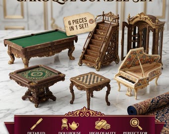 Könnte beinhalten: Ein sechsteiliges Miniaturmöbel-Set bestehend aus einem grünen Billardtisch, einer Holztreppe, einem Schrank, einem Spieltisch, einem kleinen Schachbrett-Tisch und einem Flügel. Der Text BAROQUE BUNDLE SET und 6 PIECES IN 1 SET ist sichtbar.