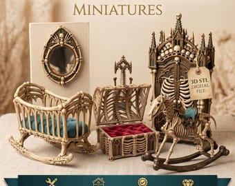 May include: The Ossuary Collection Miniatures set includes a bone-themed cradle with a teal cushion, a chest with a red tufted interior, a skeletal rocking horse, a skull-adorned mirror, and a gothic gate structure with a 3D STL digital file tag.