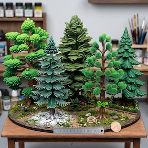 May include: A collection of five miniature model trees in various shades of green and brown, arranged on a circular base. A metal ruler measuring 13 centimetres is placed in front, and a coin is positioned on the right side for scale reference.