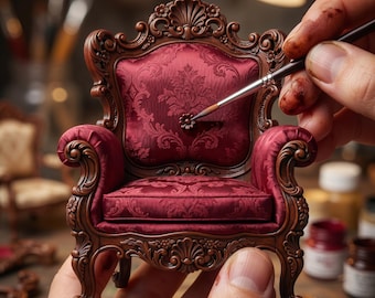 May include: A detailed miniature armchair with a burgundy damask fabric seat and back. The wooden frame is intricately carved and stained a dark brown. A paintbrush is held over the chair, suggesting it is being painted or detailed.
