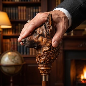 May include: A wooden walking cane featuring a carved German Shepherd dog head handle. The handle is brown and detailed, with a decorative collar. The cane has a dark wooden shaft and a metal ferrule. The image is set in a library.