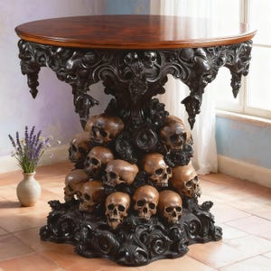Op de afbeelding: Een ronde, donkerbruine tafel met een gebeeldhouwde zwarte basis met schedels en sierlijke details. Het tafelblad is van donker hout en de basis is ingewikkeld ontworpen met een gotische esthetiek. De tafel is een uniek meubelstuk.