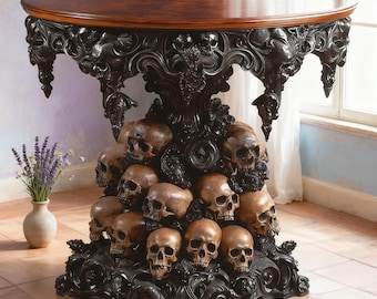 Puede incluir: Una mesa redonda de color marrón oscuro con una base negra tallada con calaveras y detalles ornamentados. La parte superior de la mesa es de madera oscura y la base está intrincadamente diseñada con una estética gótica. La mesa es un mueble único.
