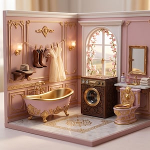 Puede incluir: Una escena de baño en miniatura con paredes rosas, detalles dorados y suelo de mármol. Incluye una bañera rosa, un inodoro y una lavadora. Una ventana con detalles florales y un tendedero con botas y vestidos añaden detalles.