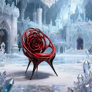Peut inclure: Une chaise rouge distinctive avec un dossier en forme de rose et une assise rembourrée. La chaise présente un design moderne avec des pieds fins. Le fond montre une scène de château d'hiver avec des formations de glace et des cristaux.
