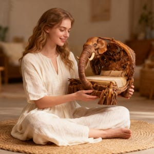 May include: A detailed, hand-carved wooden elephant bed with a small mattress and pillows. The elephant's trunk forms an arch over the bed. The bed is brown and has intricate wood carvings. The overall theme is home decor.