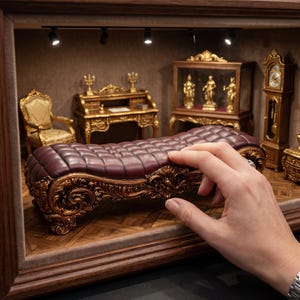 May include: Miniature antique furniture set in a display case. The set includes a burgundy tufted chaise lounge with ornate gold trim, a desk, chair, and a grandfather clock. The background is a neutral color with a parquet floor.