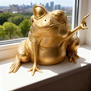 May include: A golden frog sculpture with a winking eye and an arm raised in a gesture. The frog is sitting on a white windowsill, with a city skyline visible in the background. The sculpture has a textured surface.