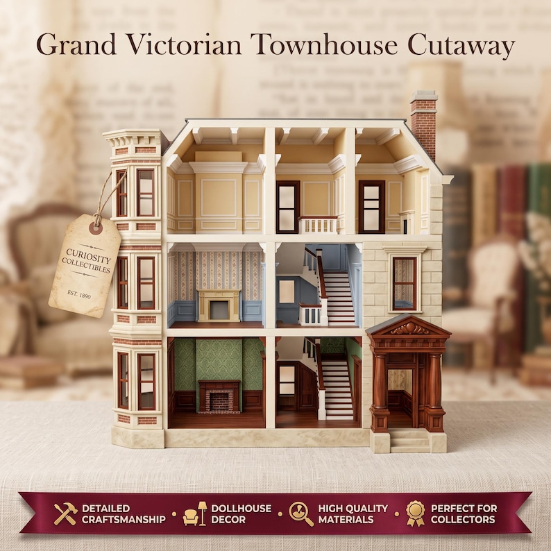 May include: A miniature Grand Victorian Townhouse cutaway dollhouse with three levels, multiple rooms, staircases, and fireplaces. A beige tag attached to the side reads Curiosity Collectibles Est. 1890. The structure features detailed windows, a brick chimney, and a front entrance portico.